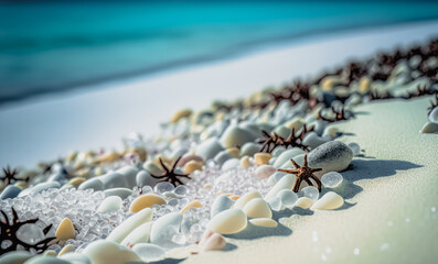 Tropical sandy beach with shells. tropical background. Beach sand macro with narrow focus background. travel and vacation concept