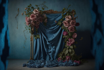 backdrop made with textured blue cloth and musk rose. Generative AI