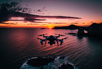 drone circling a sea at dusk. Generative AI