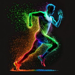Plakat Athletics sports person doing athletic playing different sports and recreation, running, jogging getting fit with exercise and exercising, silhouette glow neon paint splatter