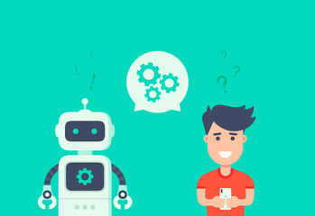 Chatbot concept. Customer service robot. Man chatting with chat bot. User ask robot the question and get an answer. Change settings with bot. Conversation with chat bot. Vector flat illustration