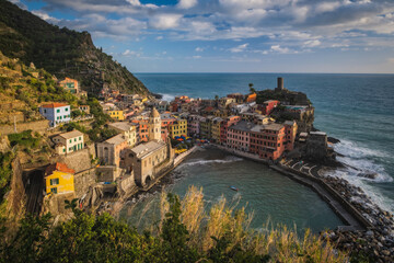 Vernazza village, aerial view on sunset, Seascape in Five lands, Cinque Terre National Park, Liguria Italy Europe. September 2022