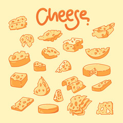 Different kinds of cheese. Different types of cheese pieces, popular kinds of cheese vector Illustrations