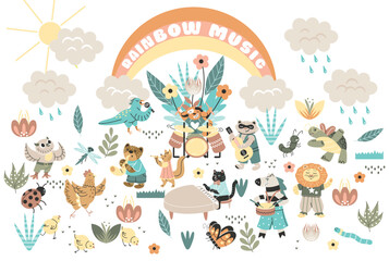 Set of dancing and playing musical instruments animals