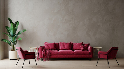 Living room in trend viva magenta color 2023 year. A bright sofa accent. Plaster microcement wall background. Crimson, burgundy,   tones of room interior design. Beige taupe stucco texture. 3d render 