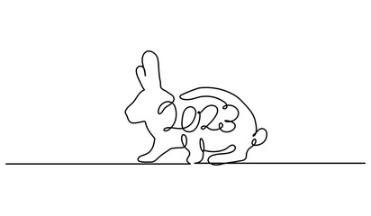 2023 continuous line design and rabbit combination. New year celebration concept design. Decorative elements drawn on a white background.