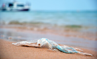 Left behind plastic bag garbage on sandy beach. Empty used dirty litter on sea shore. Environmental...