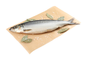 Parchment paper with salted herring and bay leaves isolated on white