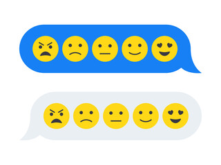 Naklejka premium Feedback emoticon emoji smiley icon in chat bubbles. Level of satisfaction rating. Feedback in form of emotions in pop-up. Flat vector illustration