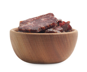 Delicious beef jerky in wooden bowl isolated on white