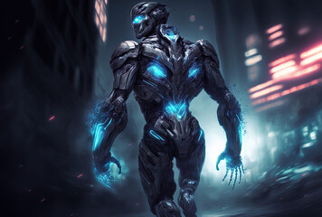 futuristic cyborg moving in the night. blended media. Generative AI
