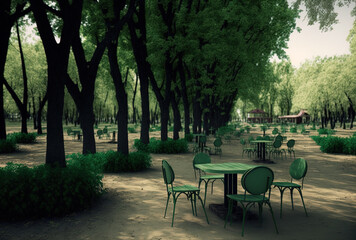 Fototapeta na wymiar Moldova park with chairs, tall, green trees, and moist ground. Generative AI