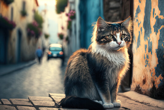 a picture of a cute cat in the street. Generative AI