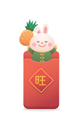 Poster for Chinese New Year, cute rabbit character or mascot with red paper bag or red envelope with pineapple, Chinese translation: Prosperity