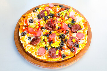 Delicious mixed pizza with rich content. Menu concept of choice and diversity. Karisik pizza