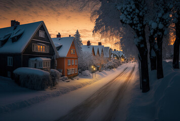 Road surrounded by trees and houses draped in snow at dusk in Norway's Larvik. Generative AI