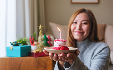 Portrait image of a young woman holding birthday cake with candle, Christmas holiday decoration at home