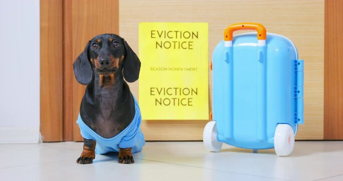 Adorable dachshund puppy in blue T-shirt is sitting next to a suitcase on wheels with stuff at door, on which there is an eviction notice due to non-payment, low-angle front view.