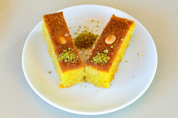Turkish Dessert Sobiyet  Baklava, kadayif,  mussels baklava and classic baklava with Pistachio . Cevizli, Fistikli Baklava, top view.