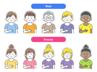 腹痛で、お腹を押さえる人物のイラストセット