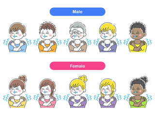 寒くて震える、鼻水が出ている人物のイラストセット