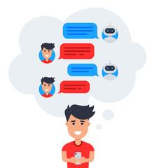 Chatbot concept. Man imagine how he chatting with customer support robot. Young man talk with chat bot on smartphone. Conversation with robot in messenger. Vector illustration in flat design style