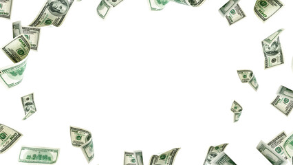 Dollar bill. Washington American cash. Usd money white background. Money falling.