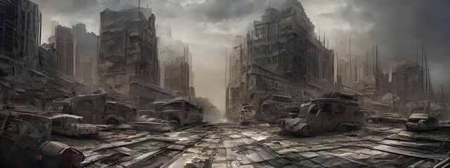 Post-apocalyptic ruins of a devastated major city at ground level. Generative AI creation.