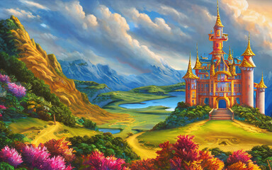 A fantasy castle in a beautiful fairy tale kingdom. Generative AI creation.