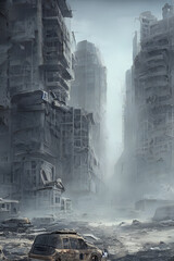 Post-apocalyptic war-torn ruins of a major city at street level. Generative AI creation.