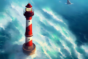 A lone fictional lighthouse out in the ocean as waves roar through. Generative AI creation.