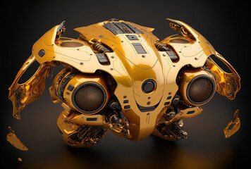 Golden sci fi drone with four strong thrusters. Generative AI