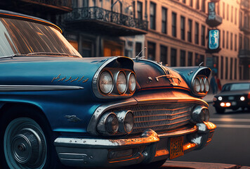 a close up of a parked automobile on a city street. Generative AI