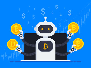 Cryptocurrency trading bot. Bot trades on cryptocurrency market. Cryptocurrency trading bot makes money on bitcoin. Bot out of laptop screen holds bitcoin. Vector illustration