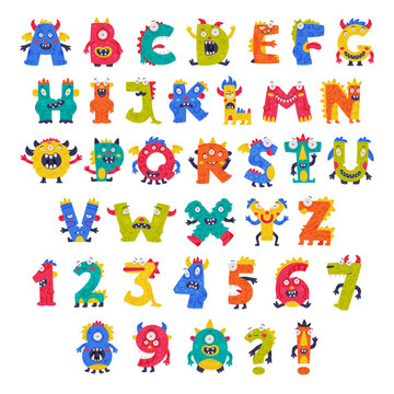 Monster Alphabet with Cute Abc Capital Letters and Numbers Vector Set