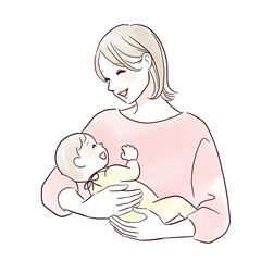 笑顔の赤ちゃんを抱っこする笑顔のママ
