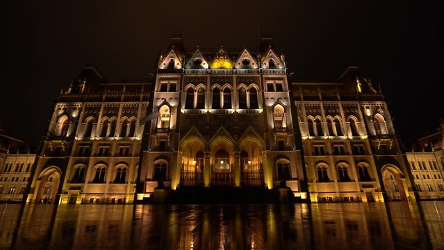 Hungarian Parliament Facade Reflection on The Floor - Wide Angle