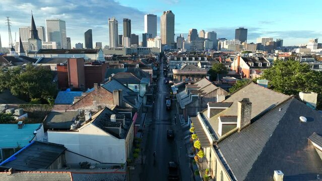 New Orleans skyline. Aerial pullback reveal from French Quarter and Bourbon Street.