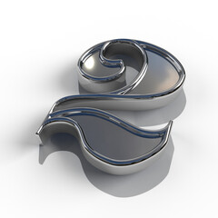 Isolated Number 2 or Two. Silver or Steel 3D Render Illustration with White Background.