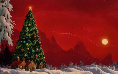 Christmas tree and gifts on red background with copy space in generative AI