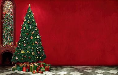 Christmas tree and gifts on red background with copy space in generative AI