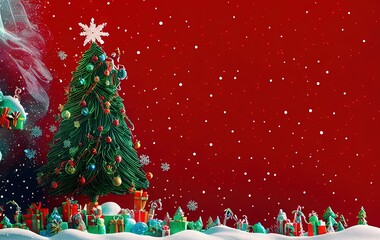 Christmas tree and gifts on red background with copy space in generative AI