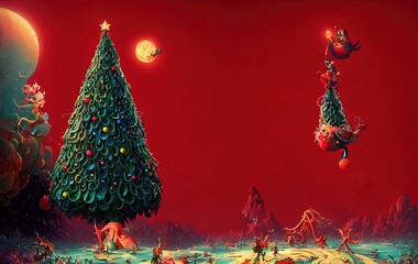 Christmas tree and gifts on red background with copy space in generative AI