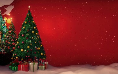 Christmas tree and gifts on red background with copy space in generative AI