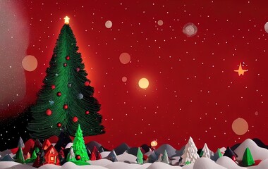 Christmas tree and gifts on red background with copy space in generative AI