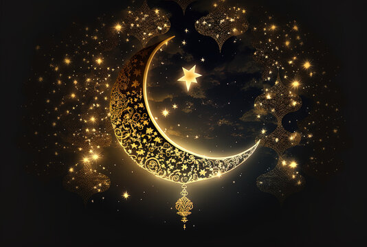Moon, stars, and ramadan kareem celebration in the night sky. Generative AI