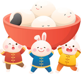 Naklejka premium Cute rabbit character or mascot, Lantern Festival or Winter Solstice with glutinous rice balls, glutinous rice sweet food in Asia, traditional festival and culture