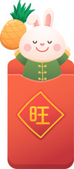 Poster for Chinese New Year, cute rabbit character or mascot with red paper bag or red envelope with pineapple
