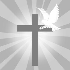 cross + dove icon on grey background - illustration