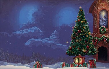 Christmas tree and gifts on blue background with copy space in generative AI